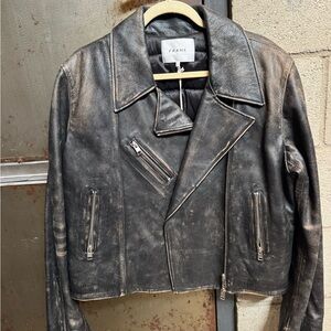 FRAME Denim Distressed Black Leather Biker Jacket
